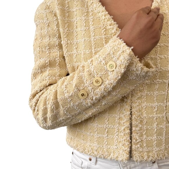 CHANEL Vintage 94P CC Mark Logo Tweed Jacket #38 Yellow White Cotton  [106374] - Picture 3 of 12